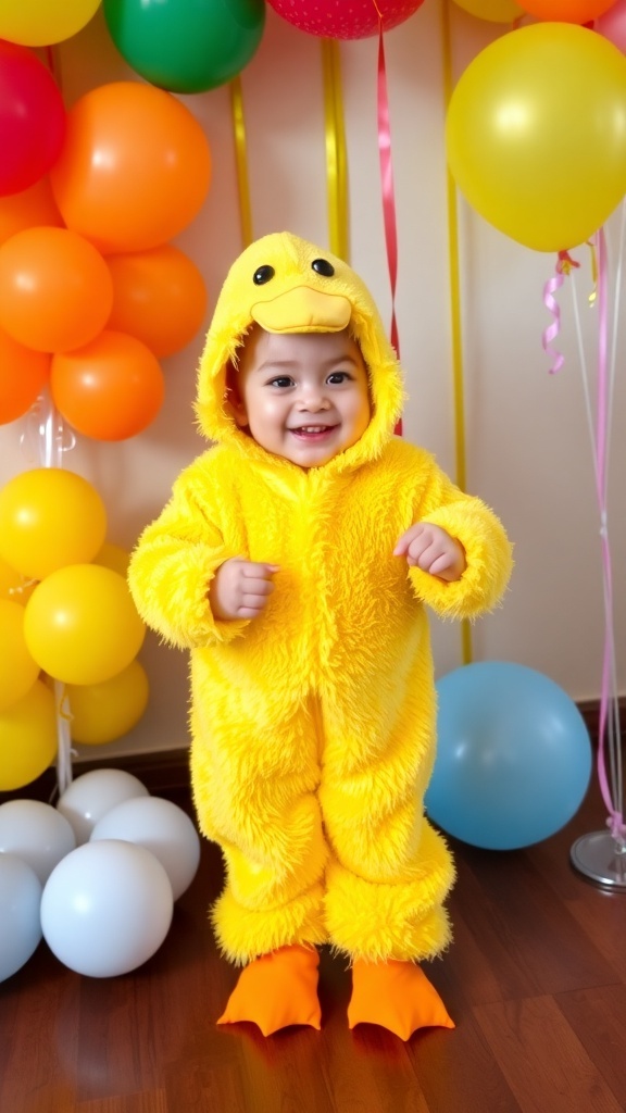 Duck Costume for Kids A happy child in a yellow duck costume with a beak hat and webbed feet, celebrating in a colorful setting.